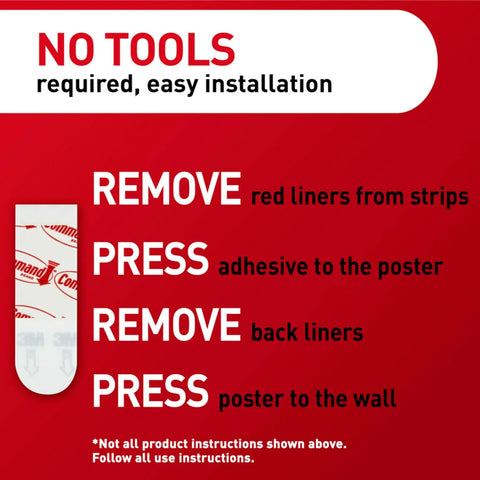 Instructions for using Poster Strips 64 Count Damage Free Hanging Adhesive No Tools Hangs Up To 32 Posters Or Signs Removable From White Surfaces
