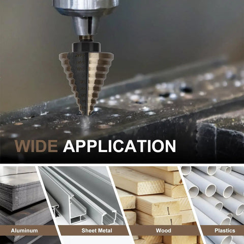 Titanium High Speed Steel Step Drill Bit Set with five step bits and five countersink bits in aluminum case for metalworking