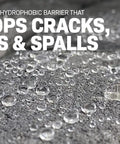 Water droplets on treated concrete showcasing the hydrophobic effect of Badass Penetrating Concrete Sealer Water Salt Repellent Silane Siloxane Formula Dilutes To Five Gallons For Brick Masonry Pavers Breathable Waterproof Protection Sleek Natural Finish.