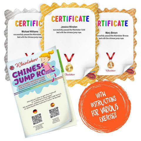 Certificates with game instructions for Chinese Jump Rope And Rubber Twist Set For Kids With Gummitwist Style Indoor And Outdoor Toy