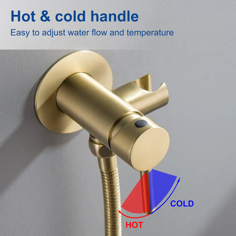 Close-up of brushed gold valve from Warm Water Bidet Sprayer With Hot And Cold Brass Rough In Valve And SUS304 Stainless Steel.