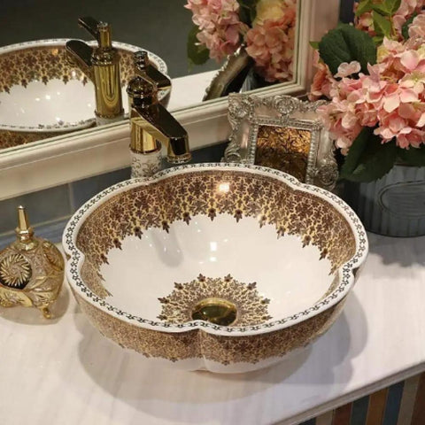 USZWBY Bathroom Sink, Countertop Basin Ceramic Sink with floral pattern, round shape, gold accents, elegant washbasin design.