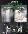 Built Tough 110V Hot Water Recirculating Pump With Rust Proof Stainless Steel Housing, shown in bathroom and kitchen settings.