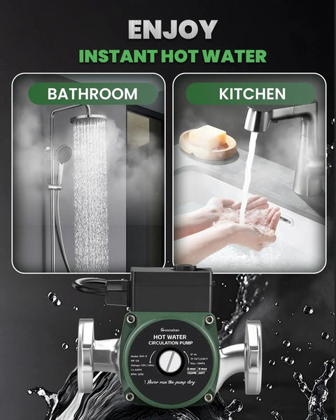 Built Tough 110V Hot Water Recirculating Pump With Rust Proof Stainless Steel Housing, shown in bathroom and kitchen settings.