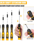 75-In-1 Precision Screwdriver Set With 67 Magnetic Bits And Mini Wrench For Electronics Repair, showing adjustable solid shaft extension rod and grip details.