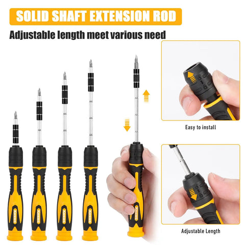 75-In-1 Precision Screwdriver Set With 67 Magnetic Bits And Mini Wrench For Electronics Repair, showing adjustable solid shaft extension rod and grip details.