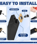 Installation steps for 21-Piece Indexable Lathe Tool Set with carbide insert, screw and tool holder details.