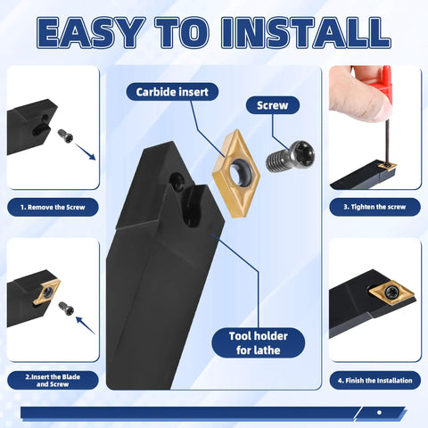 Installation steps for 21-Piece Indexable Lathe Tool Set with carbide insert, screw and tool holder details.