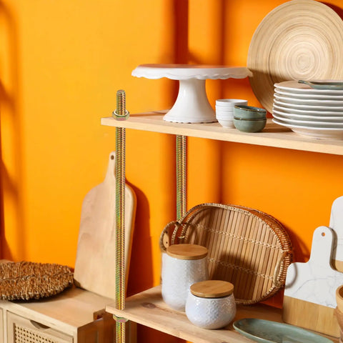 Wooden shelves supported by 12 Pack Fully Threaded Rods Five Sixteenth Inch UNC By One And A Half Inch Length Zinc Plated Carbon Steel
