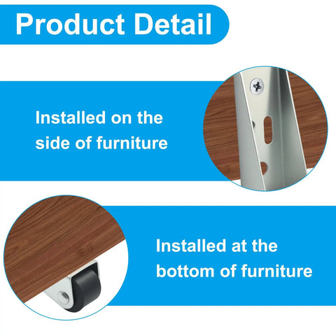 Heavy Duty Long Frame Rigid Casters 4 Pack 0.9 Inch Silver Wheels for Shop Cart, installed on furniture sides and bottoms.