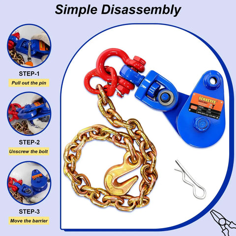 2 Ton Snatch Block Kit With G80 Chain And G70 Hook For Three Eighths Inch Wire Rope Beefy Heavy Duty Winch Gear For Flatbed Tow Trucks Rollback Wreckers Car Carriers Blue, blue snatch block with chain and hook