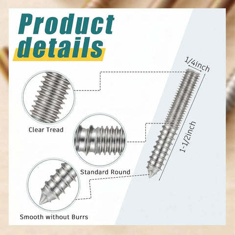 Diagram of 20 Pack 1/4-20 X 1-1/2 Inch Hanger Bolts with Driver, showing screw details and silver finish for wood furniture joints.