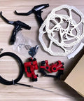 All In One Bike Front And Rear Disc Brake Kit With Calipers, 160mm Stainless Rotors, Cables, Levers And Fixing Screws In Red Finish