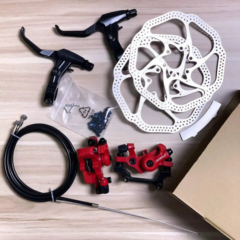 All In One Bike Front And Rear Disc Brake Kit With Calipers, 160mm Stainless Rotors, Cables, Levers And Fixing Screws In Red Finish
