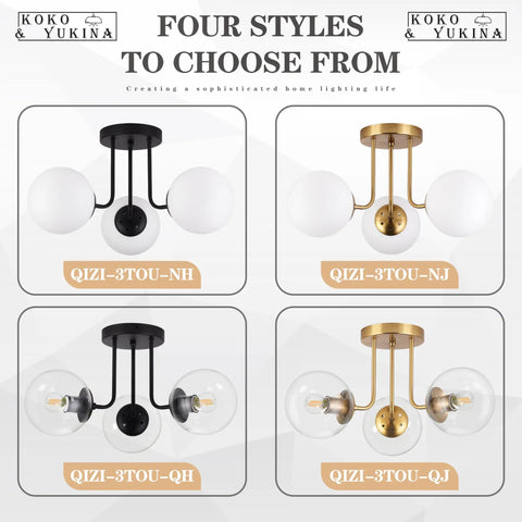 Four styles of Three Light Mid Century Matte Black Semi Flush Ceiling Light With Opal Milk Glass Globes, LEDs Included, 110-240V E26
