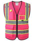 Lit Hi Vis Safety Vest For Men And Women In Hot Pink, Slick Zip Up Front, Built In Utility Pockets, Ultra Breathable Mesh Fabric, And Extra Wide Reflective Strips That Hit Ansi Standards For Xl Fit. Front view with pockets and reflective strips.
