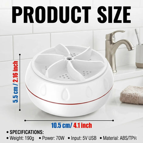 Straight Up Portable Mini Washing Machine With Ultrasonic Turbo Action And Grip Tight Suction Cups For No Sweat Laundry Care In College Dorms Or Camper Vans USB Powered, displaying product size and specifications.