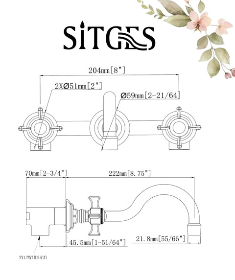 Technical drawing of Antique Style Wall Mount Bathroom Faucet With Two Handles, Gold Brushed Finish, Solid Brass Construction, dimensions shown.