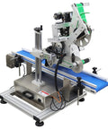 Big Time Automatic Desktop Conveyor Labeler For Flat Bottles And Merchandise Plug And Play Sticker Applicator with blue conveyor belt.