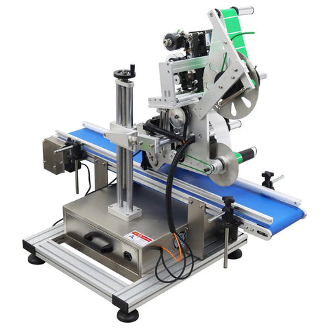 Big Time Automatic Desktop Conveyor Labeler For Flat Bottles And Merchandise Plug And Play Sticker Applicator with blue conveyor belt.