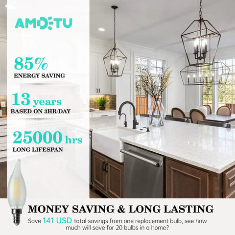 E12 LED Candelabra Bulb 5000K Daylight Dimmable 40W Equivalent Frosted Finish, energy saving, long lasting up to 25,000 hours