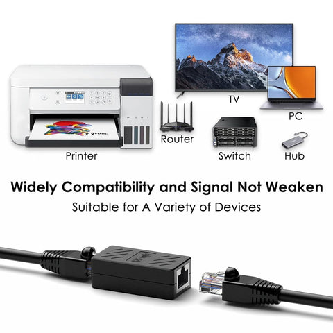 RJ45 Ethernet Cable Extender Coupler Kit For Cat5 To Cat8 Cables Plug And Play Inline Female Jack Connector With Nickel Plated Contacts Easy Snap In Clip Black 10 Pack Ready For Fast LAN Networking shown connecting multiple devices.