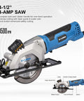 Side view of blue G LAXIA mini circular saw with laser guide, corded 4A motor, 3500 RPM.