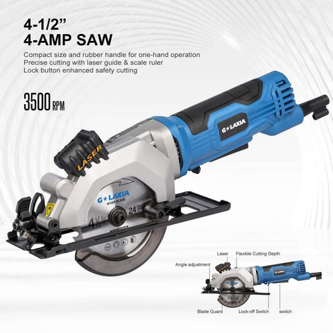 Side view of blue G LAXIA mini circular saw with laser guide, corded 4A motor, 3500 RPM.
