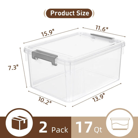 17 Quart Clear Plastic Storage Bins With Latching Lids Stackable Storage Containers in 2 Pack, dimensions 15.9L x 11.6W x 7.3H inches.