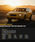 JAVOUKA engine torque strut motor mount kit for Volvo; yellow wagon on sunset highway ad banner.