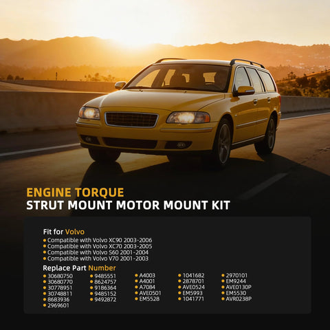 JAVOUKA engine torque strut motor mount kit for Volvo; yellow wagon on sunset highway ad banner.