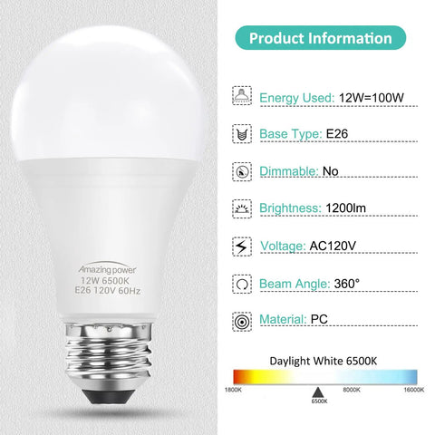 Product Information Powerful 100W Equivalent E26 LED Bulbs Daylight White 6500K Non-Dimmable Medium Screw Base Energy Saving Halogen Replacement 4-Pack Super Bright For Kitchen Garage And Office Lighting with details.