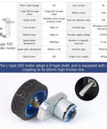 Close-up of 520 encoder motor and 65mm wheel from 4WD Smart Chassis Car Kit With Aluminum Alloy Chassis And 520 Encoder Motor, Black, Unassembled.