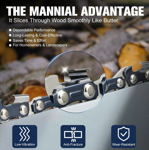 Close-up of Heavy Duty 12 Inch Chainsaw Chain Kit segment highlighting features like low vibration, anti-fracture, and wear-resistant.