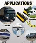 Heavy Duty Wheel Chocks With Extra Long Safety Rope 86 Inch Rope Reflective Rubber Blocks For Trailers Trucks Campers And Garage Use 2 Pack 4 Pack With Rope shown with applications for trucks, caravans, ships, and cars.