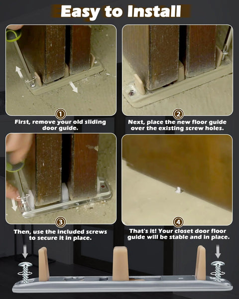Installation process of Sliding Closet Door Floor Guide Kit Compatible With Prime-Line N 6560 with adjustable brown nylon tips.