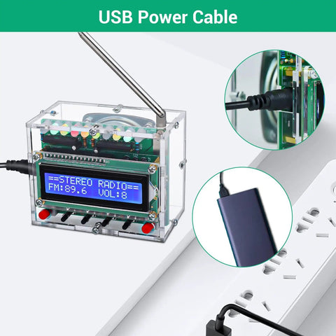 USB-powered DIY FM Radio Kit With LED Pulse Lights And LCD Display 87 To 108 MHz Soldering Practice Project for beginners.