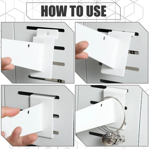 Installation of 12 Inch Slatwall Shelf Brackets With Lip Heavy Duty Metal Slatwall Brackets Bulk Pack Of 10 for shelving display.