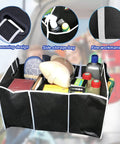 Large Capacity Car Trunk Organizer With Three Spacious Compartments Foldable Waterproof Storage Bag in use, holding items.