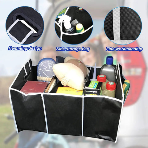 Large Capacity Car Trunk Organizer With Three Spacious Compartments Foldable Waterproof Storage Bag in use, holding items.
