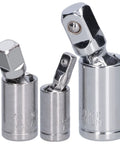 Dang Solid 3 Pc Universal Joint Socket Adapter Set With Chrome Vanadium Steel For 1 4 3 8 And 1 2 Inch Ratchets Built Tough For Impact Driver Repair And Heavy Duty Mechanics Jobs That Need Swivel Extension Precision. Three chrome vanadium universal joint adapters on white.