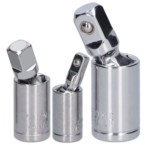Dang Solid 3 Pc Universal Joint Socket Adapter Set With Chrome Vanadium Steel For 1 4 3 8 And 1 2 Inch Ratchets Built Tough For Impact Driver Repair And Heavy Duty Mechanics Jobs That Need Swivel Extension Precision. Three chrome vanadium universal joint adapters on white.