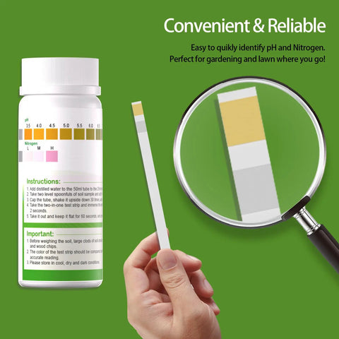 Hand holding strip next to Two In One Soil pH And Nitrogen Test Kit With Test Tubes For Garden Lawns And Yards 100 Pack Pro Grade Soil Tester.