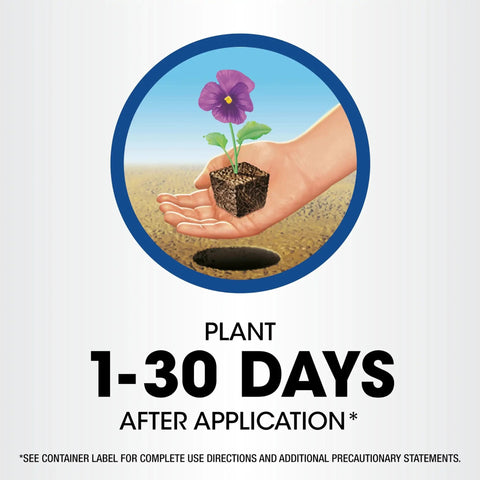 Hand holding flower seedling above soil, text reads 'Plant 1-30 days after application' for All In One Weed And Grass Killer With Pump N Go Sprayer.