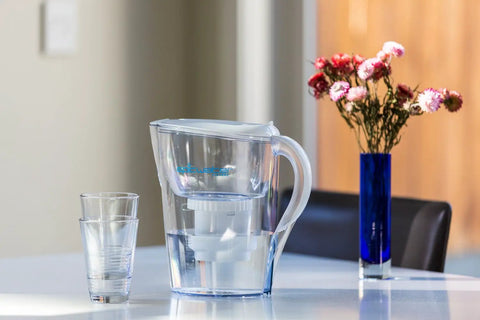 Clear water pitcher with Pure Replacement Filter For Water Pitcher That Removes Fluoride Lead Forever Chemicals Heavy Metals And Industrial Pollutants