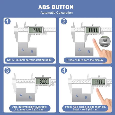 Instructions for using ABS button on Go-To 6 Inch Digital Caliper With Rechargeable Battery, Inches To Millimeters Conversion