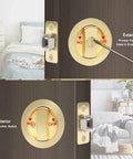 Pocket Door Privacy Lock With Easy Grip Flush Handles Satin Brass Round Knob For Bed And Bath Doors, 2 3 8 Backset displayed on a door.