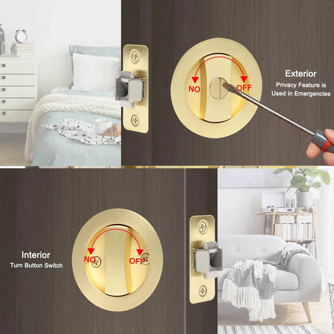 Pocket Door Privacy Lock With Easy Grip Flush Handles Satin Brass Round Knob For Bed And Bath Doors, 2 3 8 Backset displayed on a door.