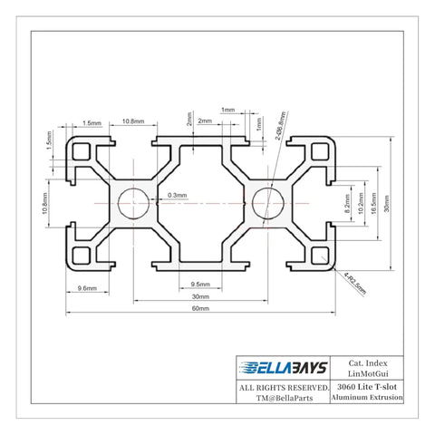 Detailed diagram of Rock Solid Black Anodized Aluminum Extrusion Profile 3060 T Slot Linear Rail dimensions for CNC and 3D printing.