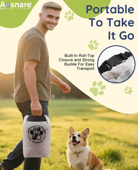 Man holding transparent leak-proof pet food storage bag for travel with roll-top closure, corgi nearby on grass